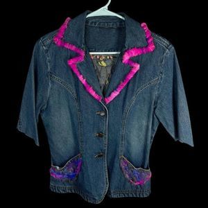 Handmade Reworked Cut Denim Top Hand Dyed Yarn Blazer Spring Jacket Boho Baby